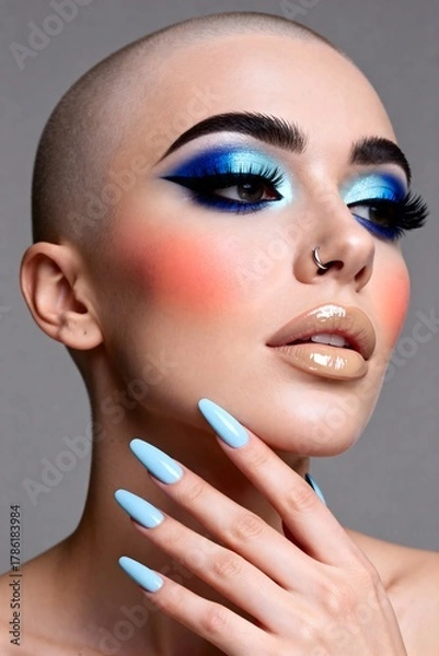 Obraz Bold blue eyeshadow and striking makeup on a confident bald woman with light blue nails, exuding modern beauty and creative expression