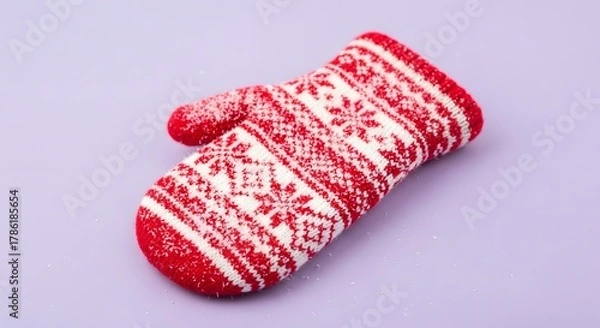 Fototapeta Cozy Red and White Knitted Mitten for Winter Warmth and Festive Cheer