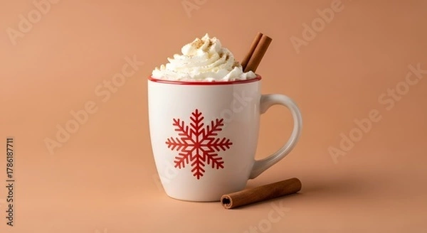 Fototapeta A festive mug of hot chocolate with whipped cream and cinnamon sticks, perfect for a cozy winter day
