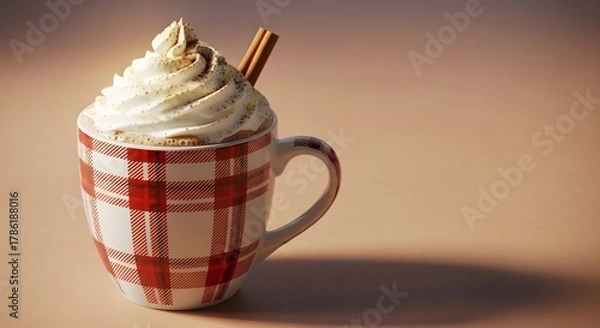 Fototapeta Comforting hot beverage with whipped cream and cinnamon in a red plaid mug against a warm background