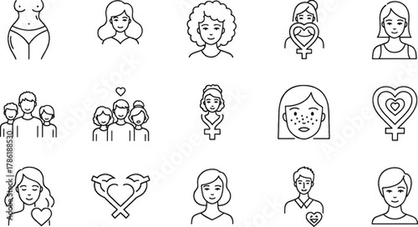 Fototapeta Collection of Diverse People Icons Representing Family, Love, and Individuality in a Simple Line Art Style