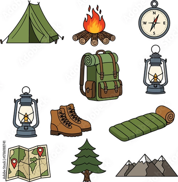 Fototapeta Collection of Camping and Hiking Essentials Including Tent, Backpack, Boots, Lanterns, Compass, Sleeping Bag, Map, and Tree