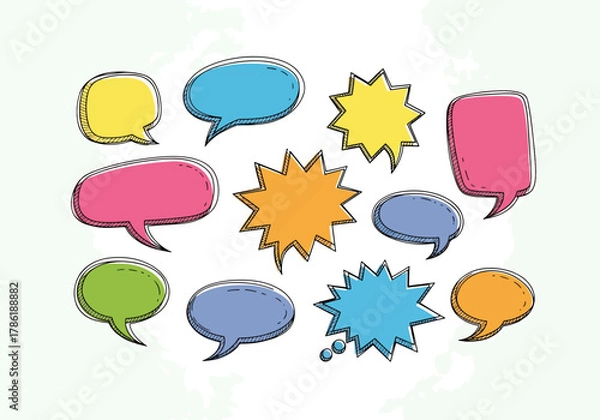 Obraz Collection of colorful hand-drawn speech bubbles and thought bubbles with black outline and shadow effect, isolated on white background