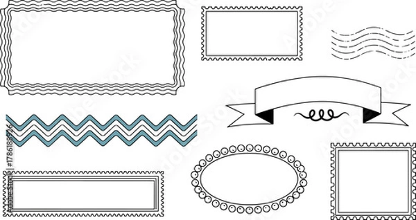 Fototapeta Collection of Decorative Borders and Frames Featuring Wavy Lines, Stamp Perforations, and Ornate Edges on White Background