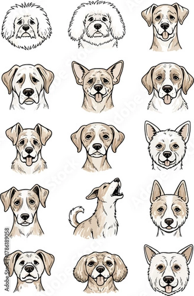 Obraz Collection of Diverse Dog Breed Portraits in a Charming Hand-Drawn Style Featuring Various Expressions and Breeds