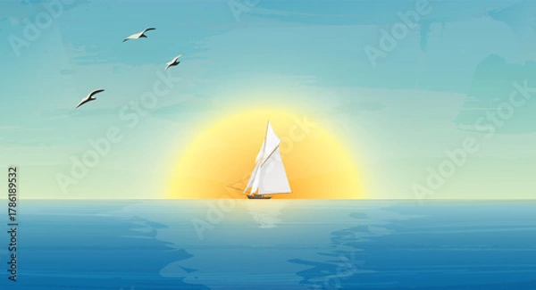 Fototapeta  Sailing ship and seagulls in the morning sun on a calm sea. Vector background.