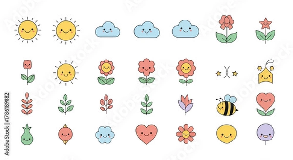 Fototapeta Cute cartoon icons with nature theme, smiling suns, fluffy clouds, floral elements