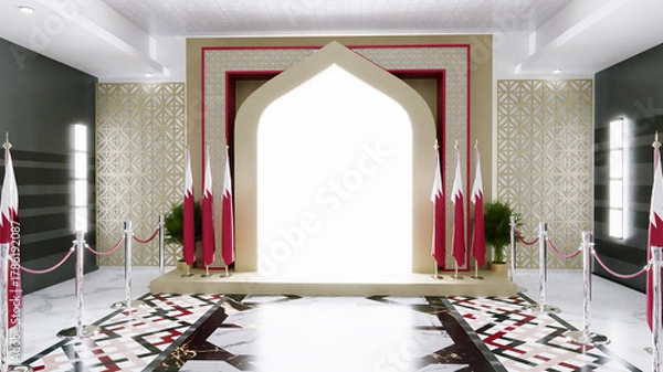 Obraz Palace hall with bahrain flag leading to a shining arabic door,