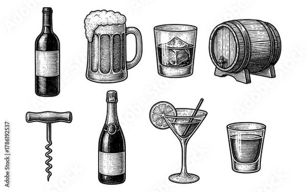 Fototapeta Vintage beverage set featuring wine, beer, and cocktails in detailed engraving style
