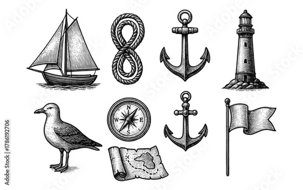 Fototapeta Nautical elements in vintage engraving style: sailboat, anchor, lighthouse, and more