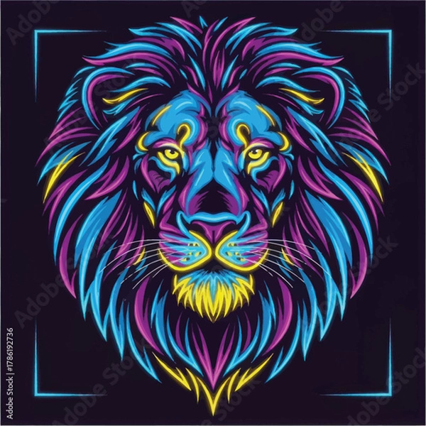Fototapeta Vibrant neon lion head artwork with glowing mane against dark background design