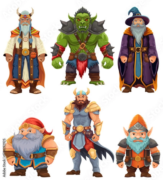 Fototapeta ancient fantasy characters for computer games: sorcerer, witcher, dwarf, elf, goblin, shaman, warrior cartoon stock vector illustration isolated on white background