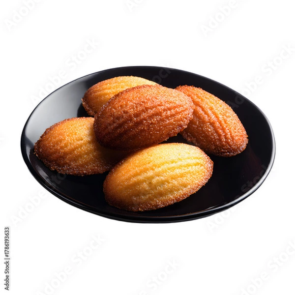 Fototapeta Elegant French Madeleines Displayed on Black Plate on White Background
