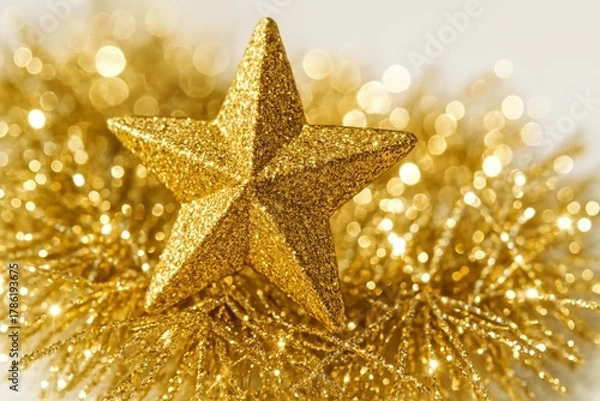 Obraz Sparkling Golden Star on Festive Glitter Garland