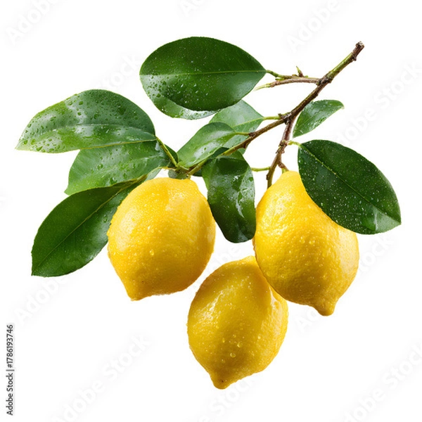 Fototapeta Fresh Lemons with Green Leaves on a Branch: Citrus Fruits Nature Background