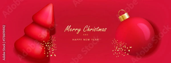 Obraz Red holiday banner with 3d Christmas tree and ball. Christmas card background with gold text.