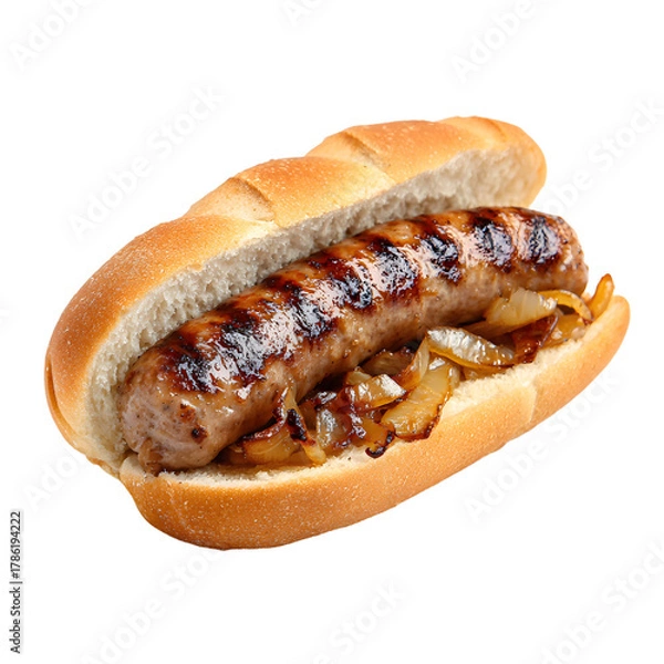 Obraz Delicious Grilled Sausage with Caramelized Onions in a Bun