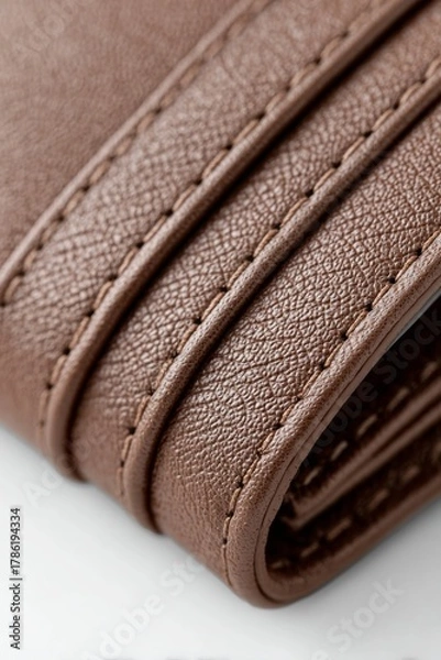 Fototapeta Macro close-up of brown leather wallet showing detailed stitching and textured surface. Luxury craftsmanship and genuine leather material background