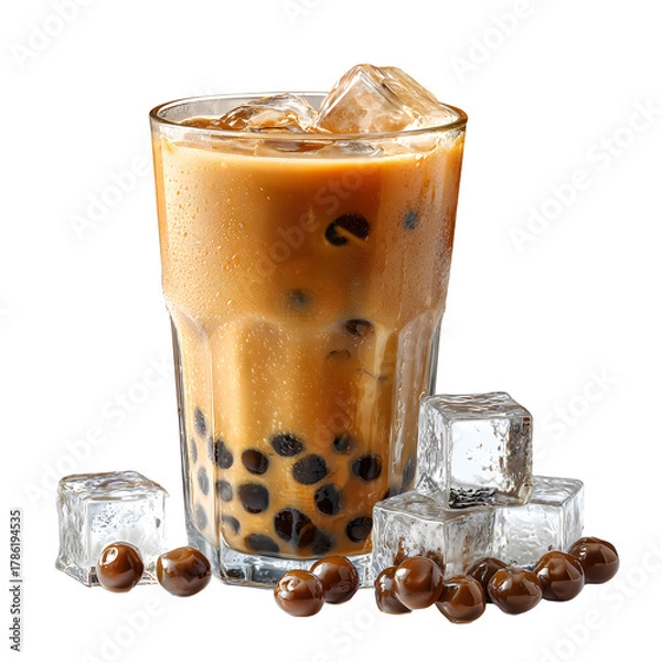 Obraz Refreshing Iced Coffee with Boba Pearls and Ice Cubes Isolated on White Background