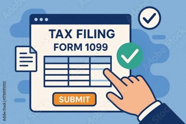 Fototapeta Hand pointing at a digital tax filing form 1099, representing the importance of accurate tax submission and compliance. Concept of finance, taxes, and digital paperwork.
