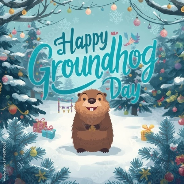 Obraz Cute groundhog standing in snow with happy groundhog day text