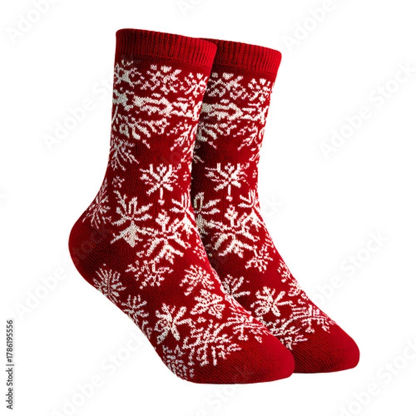 Obraz Festive Red Christmas Socks with Snowflake Pattern Isolated on White Background