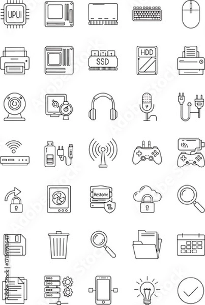Obraz Collection of Computer Hardware and Technology Icons CPU Motherboard RAM SSD HDD Webcam Printer Mouse Keyboard Headphones Microphone