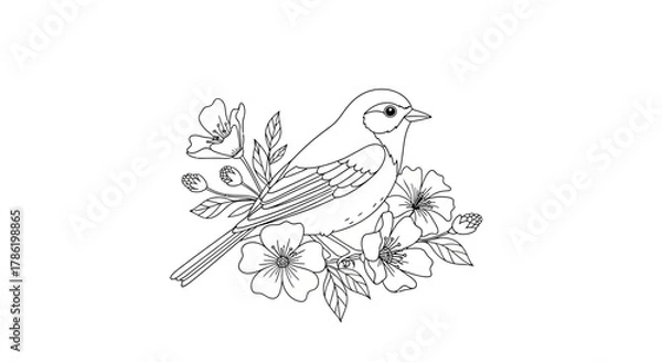 Obraz Delicate line drawing of a bird perched among blooming flowers illustration for coloring books and