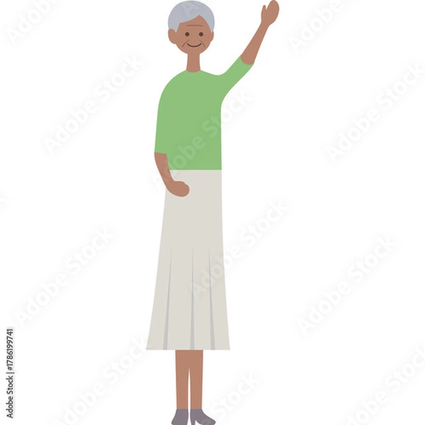 Obraz Elderly Woman With Gray Hair Wearing A Green Shirt And White Skirt Waving Hello With A Smile On Her Face Isolated On A Transparent Background