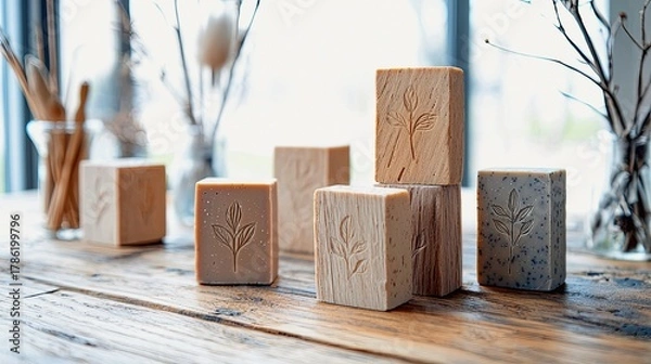 Fototapeta Several bars of handmade soap with embossed leaf patterns are displayed on a textured wooden surface, with blurred natural elements in the background.