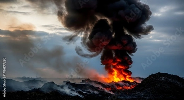 Fototapeta Dramatic image of a large fire with thick black smoke billowing into the sky, casting an orange glow on the surroundings