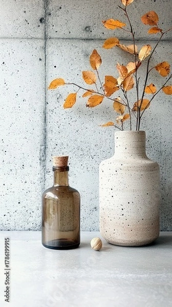 Fototapeta A still life composition featuring autumn foliage in a vase, a glass bottle, and a nut, set against a textured concrete background.