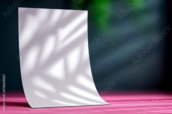 Obraz A blank white sheet of paper is illuminated by studio lighting, casting palm leaf shadows onto its surface and a vibrant pink floor.