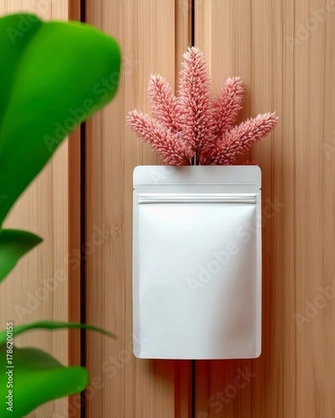 Fototapeta A blank white resealable pouch is displayed against a vertical wooden panel background, adorned with pink fluffy dried flowers and a blurred green leaf.