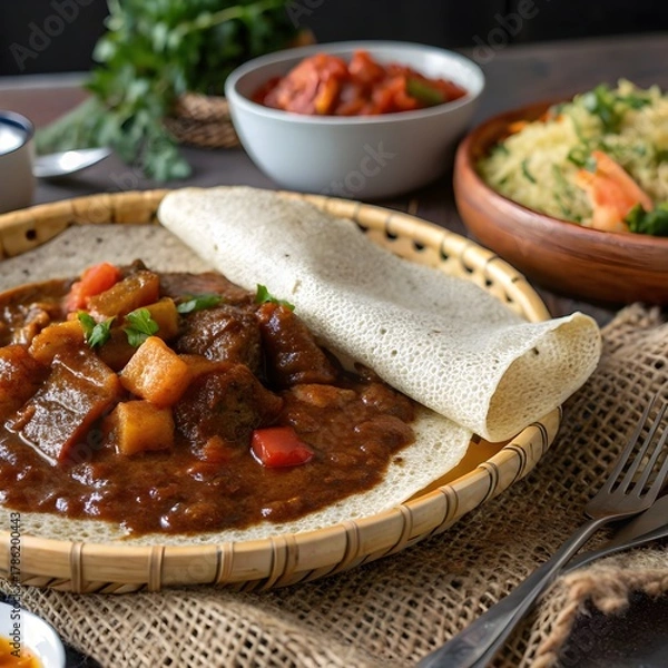 Fototapeta injera sourdough flatbread with spicy wat stew, communal dining

