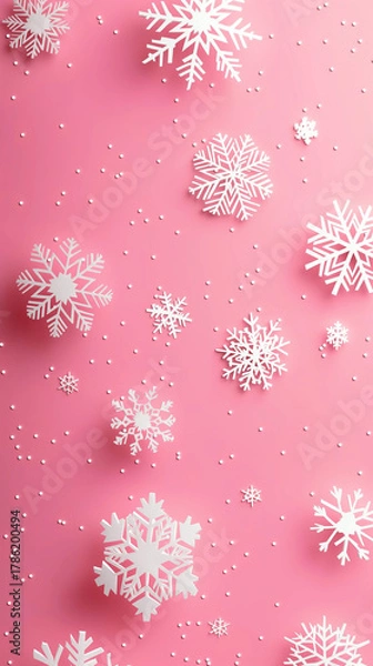 Fototapeta An abstract pink Christmas background adorned with delicate snowflakes.