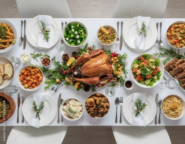 Obraz A festive holiday dinner table set with a roasted turkey centerpiece and various delicious side dishes.