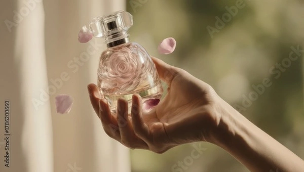 Fototapeta Elegant Perfume Bottle Held by Hand with Floating Petals.