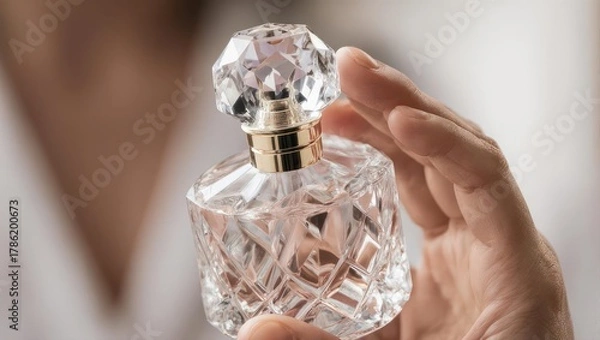 Fototapeta Elegant perfume bottle held in hand, crystal design, luxury fragrance.