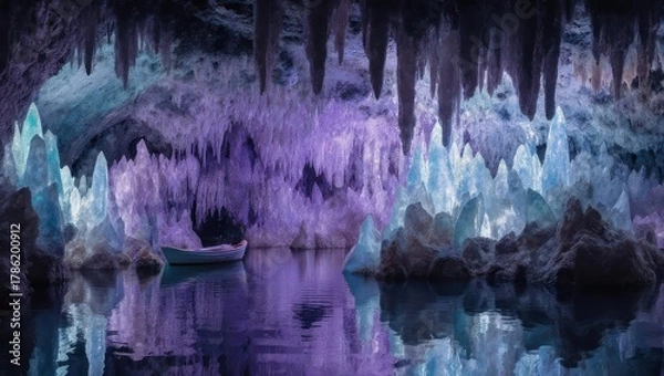 Fototapeta Enchanting Cave Formations Illuminated by Ethereal Purple and Blue Lights Reflected in Still Water.