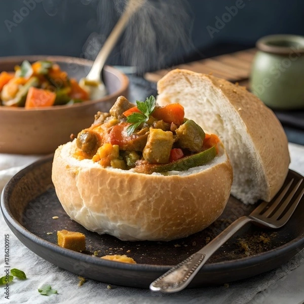 Obraz bunny chow curry in a hollowed bread loaf, street food