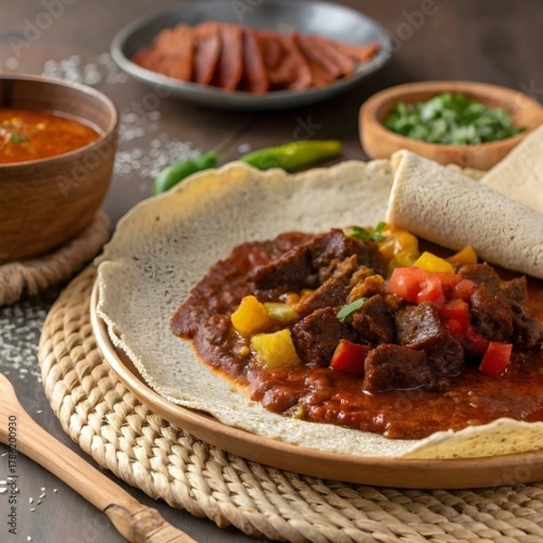 Obraz Traditional Injera with Wat Ethiopian Flatbread Served with Spicy Stew Authentic African Cuisine