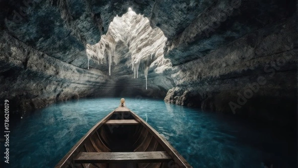 Fototapeta Exploring a Mysterious Cave by Boat.
