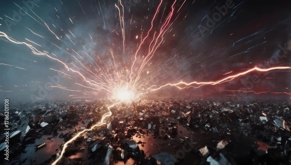 Fototapeta Explosive Energy Core Unleashes Lightning Over a Shattered Debris Field.