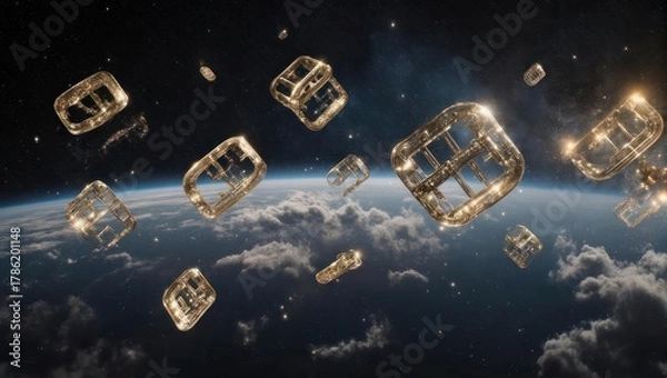 Fototapeta Floating Golden Cubes in Space Orbiting Earth.