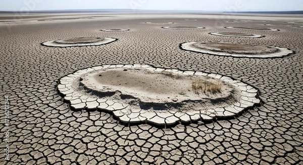 Obraz Dry cracked earth with water puddles in a vast, barren landscape under a clear sky
