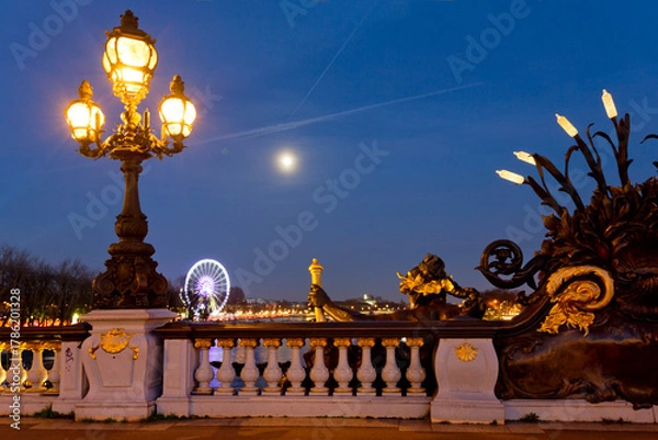 Obraz Panoramic view of Pont Alexandre III in Paris at night, France