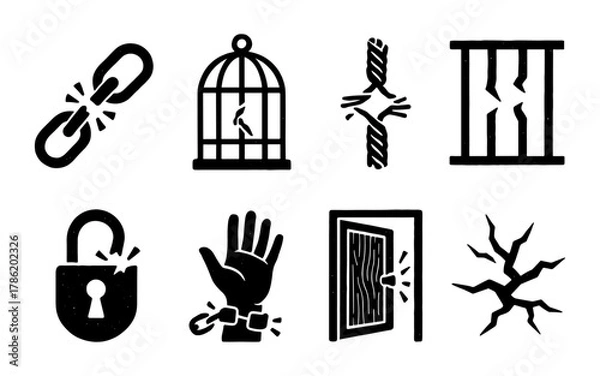 Fototapeta Breaking free icons: chains, bars, and locks in bold black silhouette design