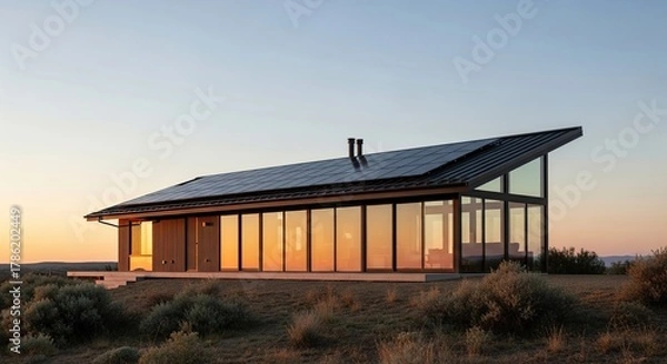 Obraz Modern minimalist sustainable eco friendly house with expansive glass walls and solar panels on a remote hilltop at sunset