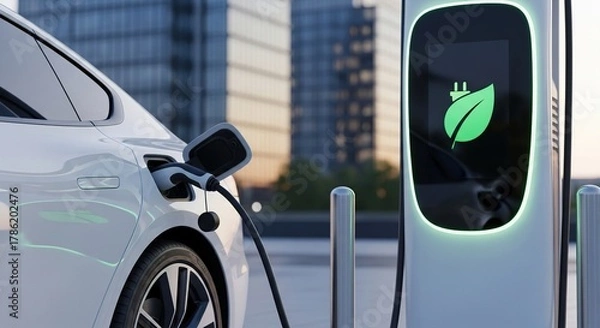 Obraz Modern electric vehicle charging station with a glowing green leaf symbol on the charger in a city environment with a white car plugged in